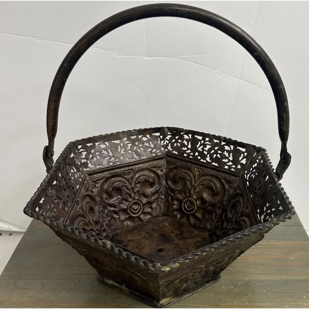 Vintage Antiqued Bronze Tone Metal Basket Ornate Swing Handle Fruit Wedding 10